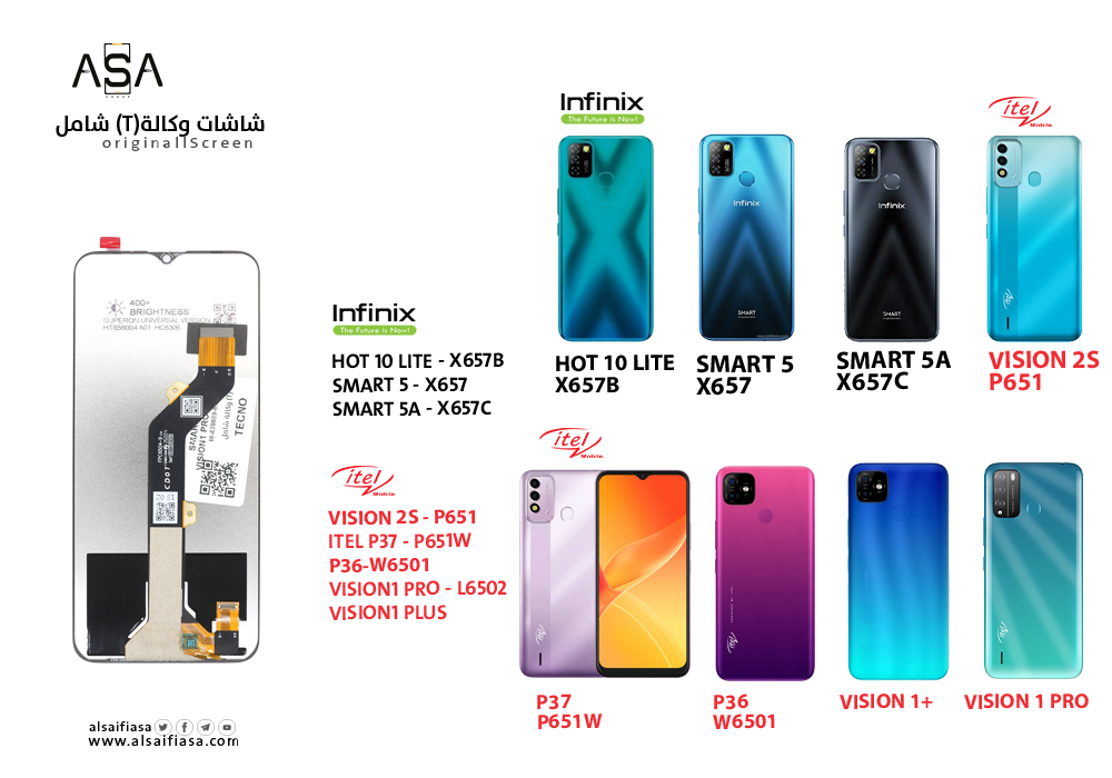 ASA - شاشات وكالة شامل SMART 5 - X657 / ITEL P37 - P651W / VISION1 PRO - L6502 / VISION1 PLUS ( T )