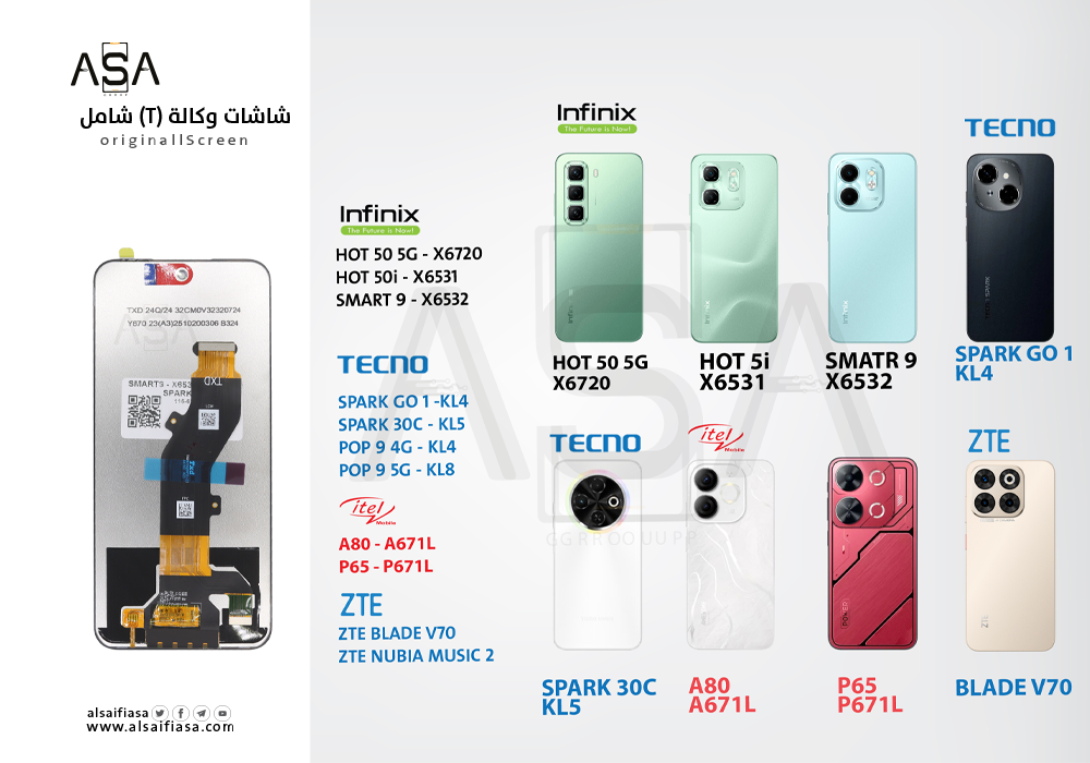 ASA - شاشات وكالة ( T ) شامل SMART 9 - X6532 / SPARK GO 1 - KL4 / SPARK 30C - KL5 / ITEL POWER 70 - P673L