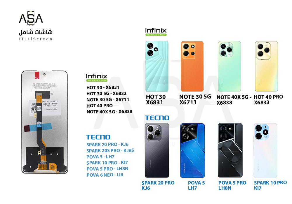 ASA - شاشات (incell) شامل HOT30 - X6831 / NOTE30 - X6833 / NOTE30 5G - X6711 / SPARK10 PRO - KI7